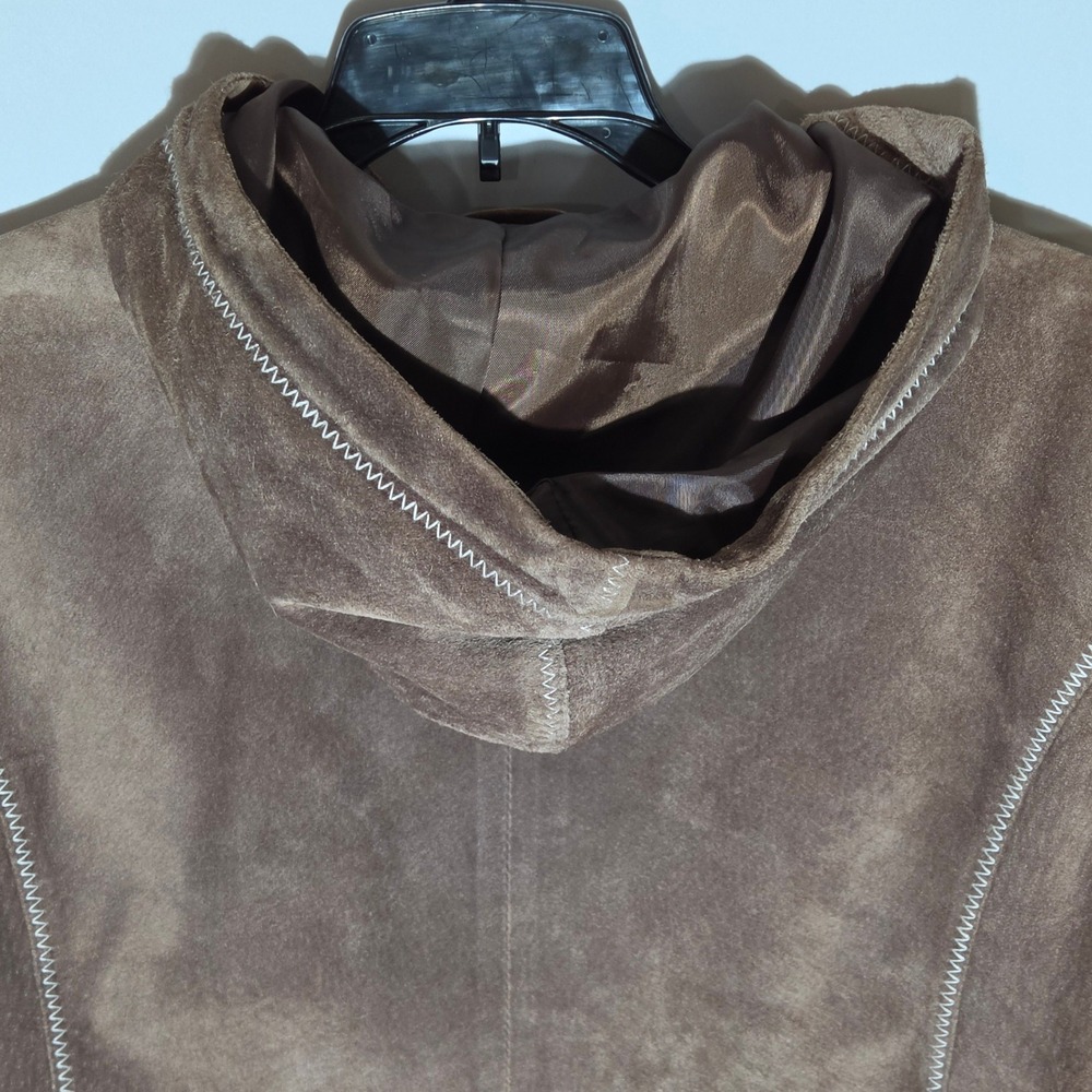 Authentic Washable Suede Jacket Womens M Brown Good Hooded Zip Leather Stitching - Picture 9 of 11